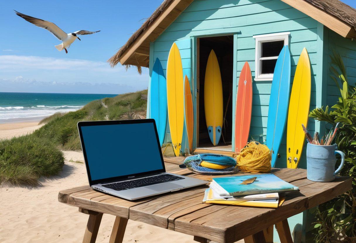 A tranquil seaside scene featuring a cozy beach hut adorned with colorful surfboards and fishing nets. In the foreground, a laptop sits on a wooden table, open with a blog post titled 'Crafting Your Seaside Story'. The background showcases gentle waves lapping at the shore and seagulls soaring in a clear blue sky, inviting marine enthusiasts to share their stories. The color palette emphasizes vibrant aquamarine and sunny yellows. painting. vibrant colors. natural lighting.