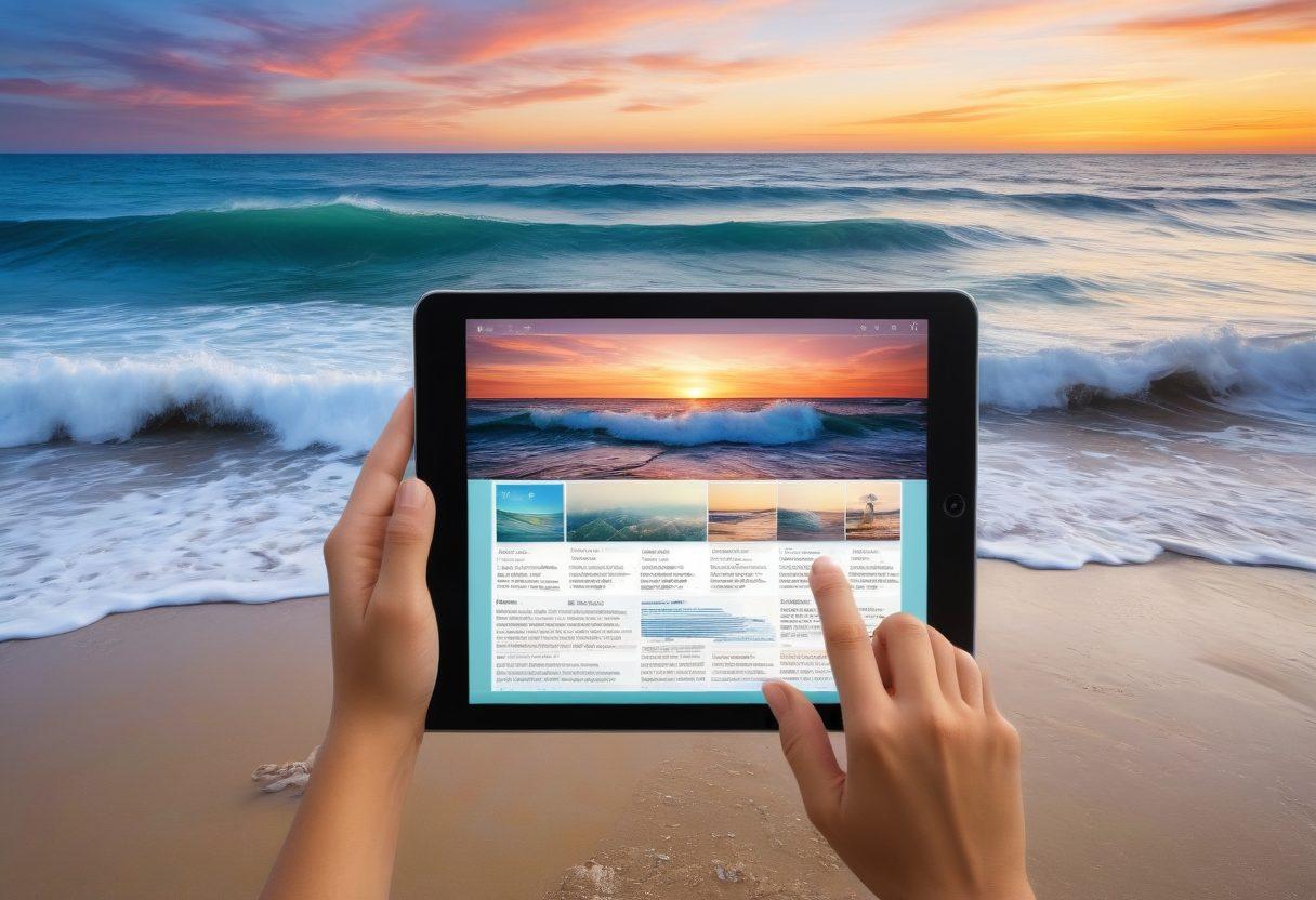 A captivating scene featuring a digital tablet displaying a beautifully designed online journal with ocean waves in the background. Include images of coastal adventurers engaged in various activities like kayaking, beachcombing, and sailing. The color palette should feature vibrant blues and sandy tones, with hints of marine life like starfish and shells. Enhance the atmosphere with a sunset flickering on the water's surface. painting. vibrant colors.
