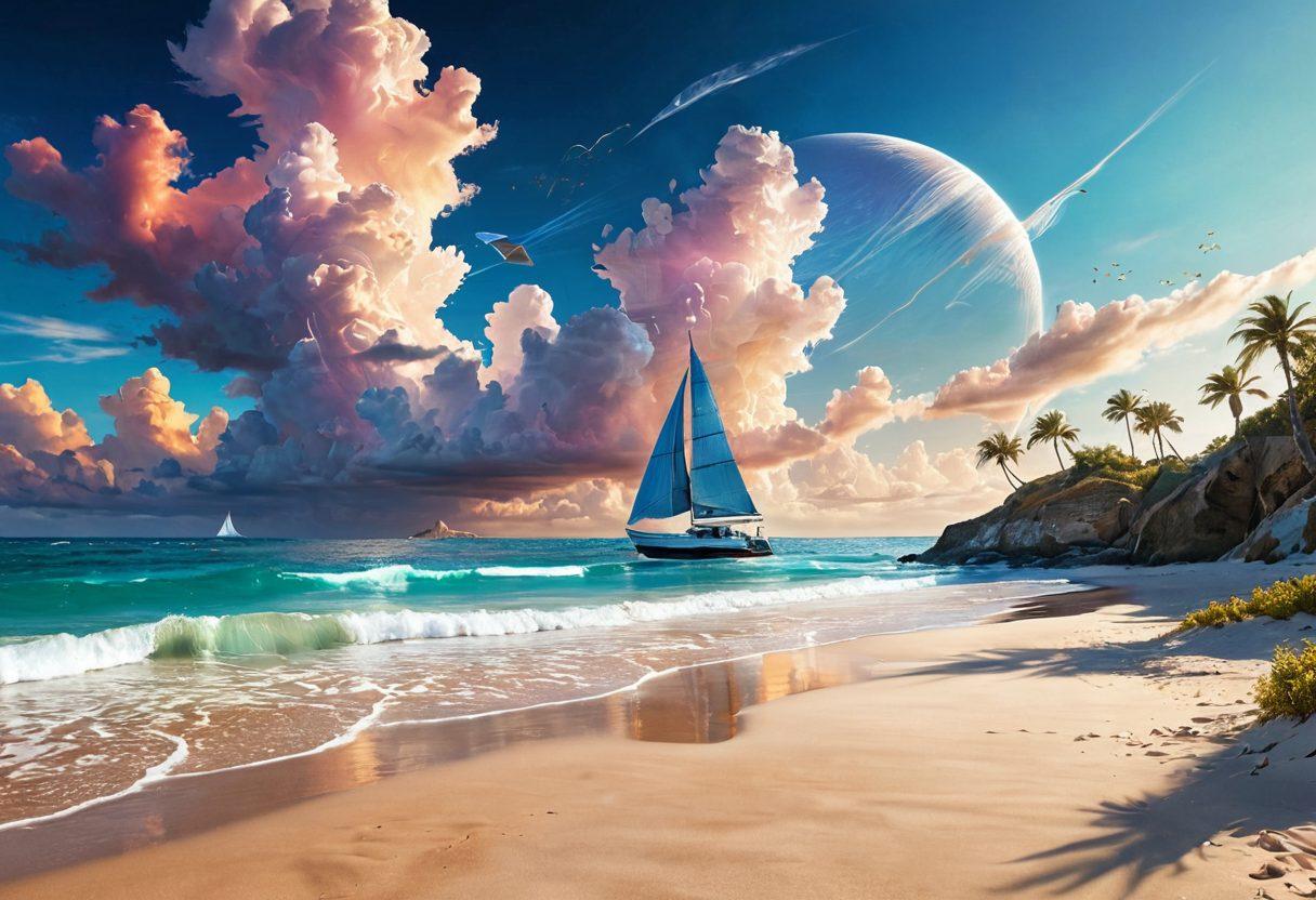 A serene beach scene transitioning into a futuristic cyber landscape, featuring a sailboat navigating between the two worlds. Include elements like digital waves and pixelated clouds blending with real sand and seashells. Highlight vibrant colors and a mix of natural and technological textures. super-realistic. vibrant colors. contrast between nature and technology.